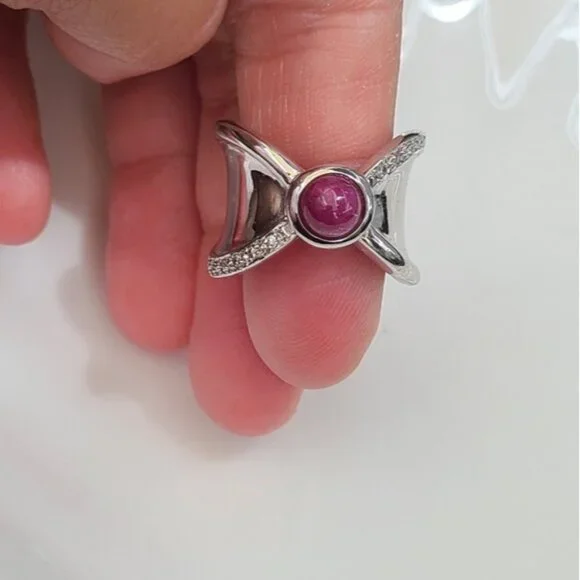 Vintage Boho Sterling Silver Natural Ruby Cabochon Crystal Wide Ring 6.25 - Picture 5 of 5